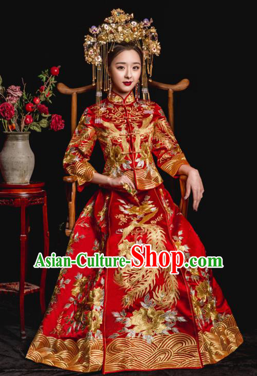 Chinese Traditional Wedding Toast Costumes Embroidered Phoenix Red Xiuhe Suit Ancient Bride Full Dress for Women