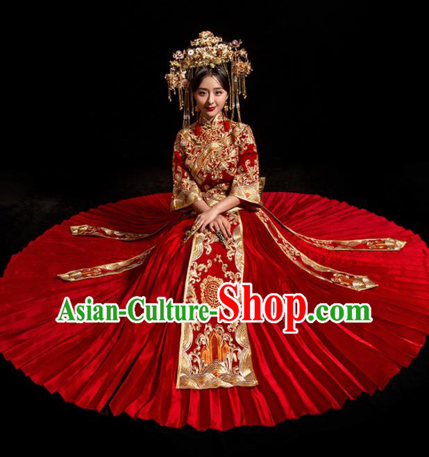 Chinese Traditional Wedding Toast Costumes Embroidered Red Xiuhe Suit Ancient Bride Full Dress for Women