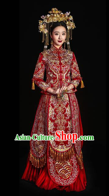 Chinese Traditional Wedding Toast Longfeng Flown Costumes Embroidered Red Xiuhe Suit Ancient Bride Full Dress for Women