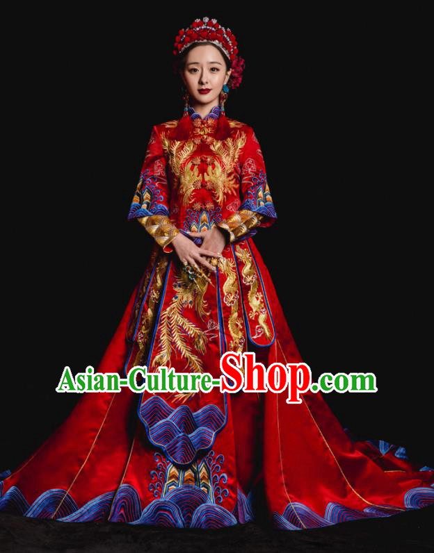 Chinese Traditional Wedding Toast Trailing Costumes Embroidered Red Xiuhe Suit Ancient Bride Full Dress for Women