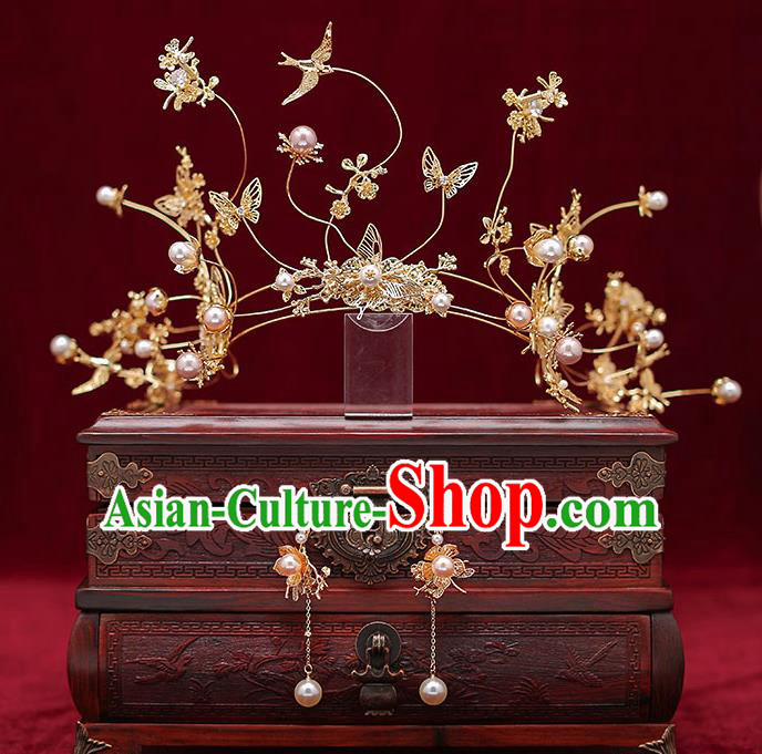 Chinese Traditional Handmade Wedding Hair Accessories Bride Golden Hair Crown for Women