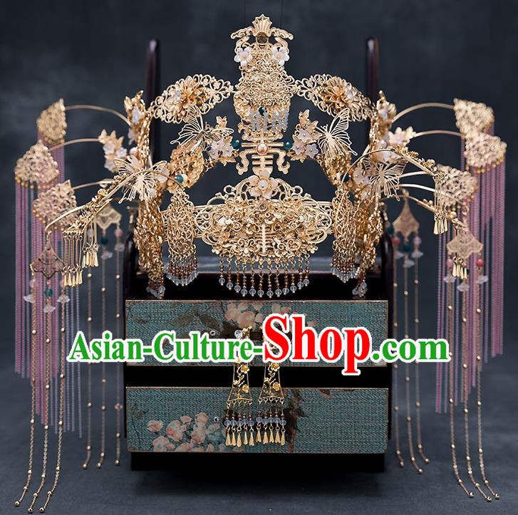 Chinese Traditional Bride Golden Phoenix Coronet Handmade Hairpins Wedding Hair Accessories for Women