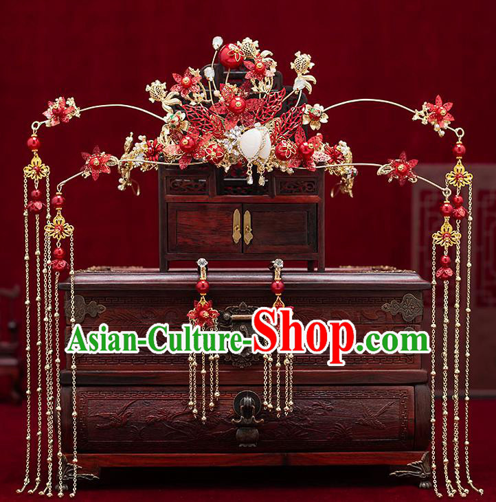 Chinese Traditional Bride Red Leaf Phoenix Coronet Handmade Hairpins Wedding Hair Accessories for Women