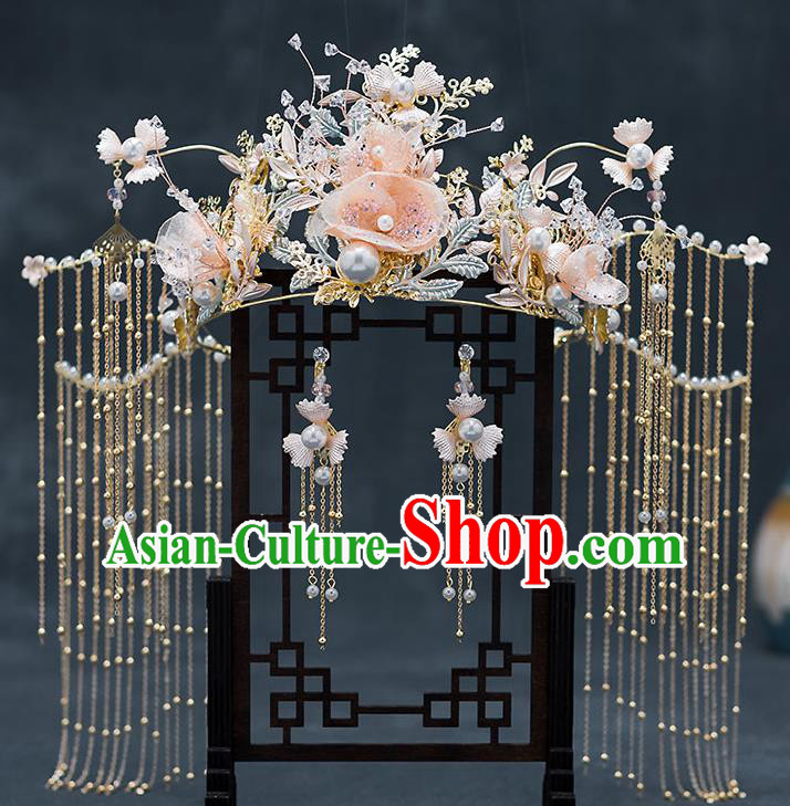 Chinese Traditional Bride Pink Flowers Hair Crown Handmade Hairpins Wedding Hair Accessories Complete Set for Women