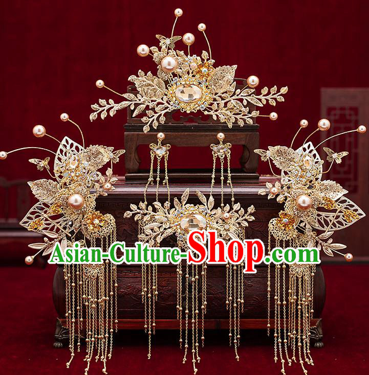 Chinese Traditional Bride Golden Hair Crown Handmade Hairpins Wedding Hair Accessories Complete Set for Women