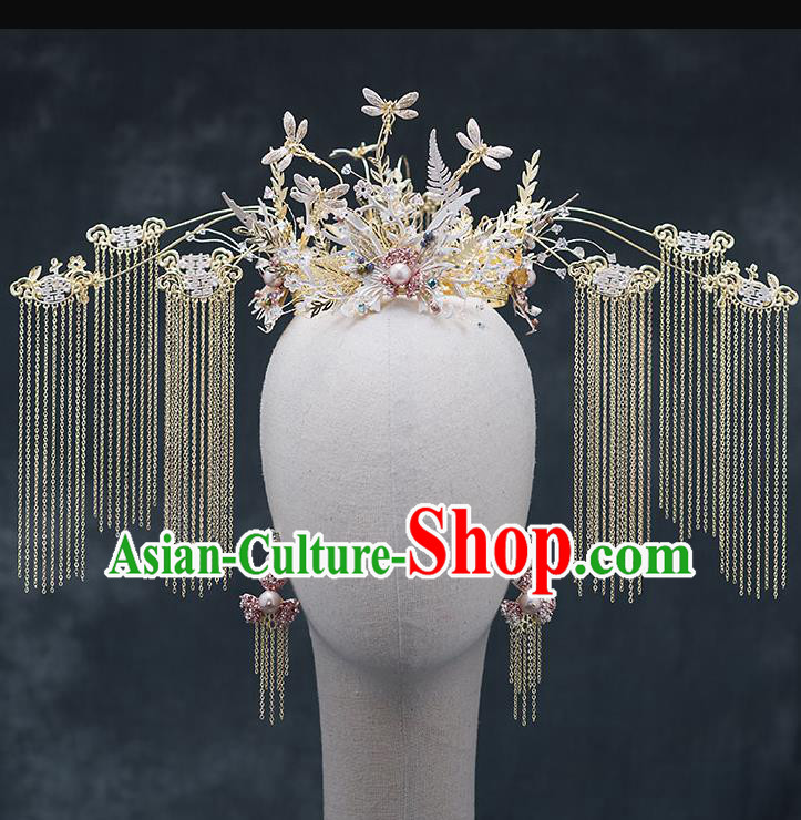 Chinese Traditional Bride Dragonfly Phoenix Coronet Handmade Hairpins Wedding Hair Accessories Complete Set for Women