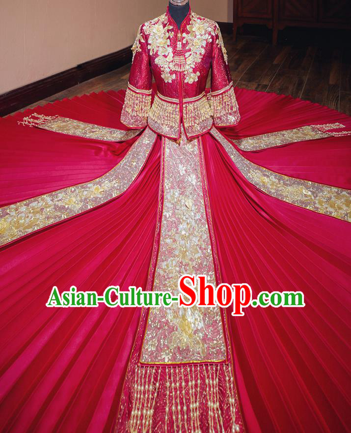 Chinese Traditional Wedding Red Costumes Toast Xiuhe Suit Ancient Bride Embroidered Full Dress for Women