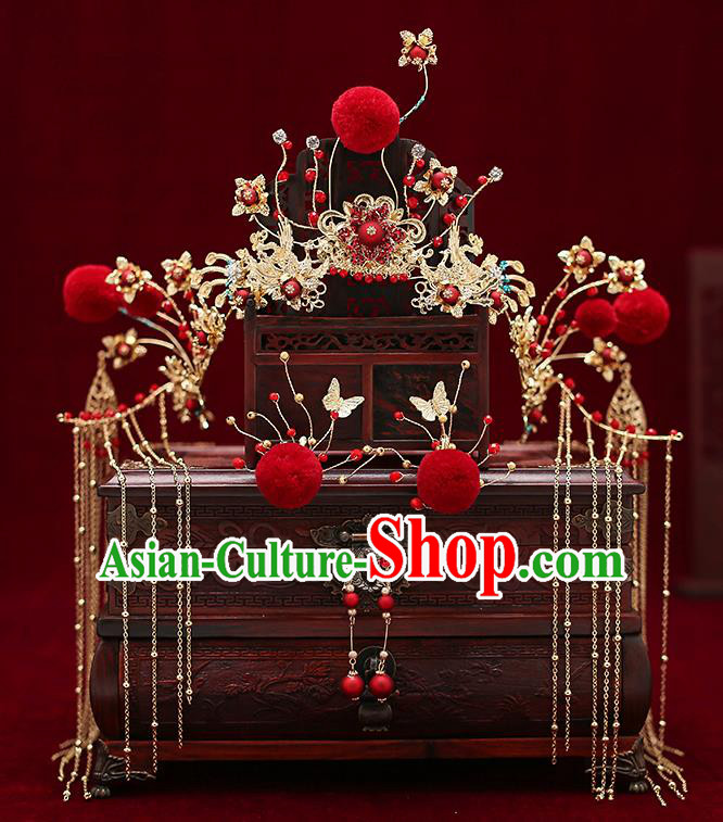 Chinese Traditional Bride Red Venonat Hair Crown Handmade Hairpins Wedding Hair Accessories Complete Set for Women