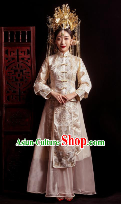 Chinese Traditional Wedding White Costumes Toast Xiuhe Suit Ancient Bride Embroidered Full Dress for Women