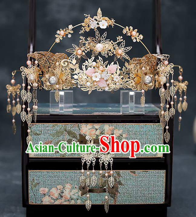 Chinese Traditional Bride Golden Phoenix Coronet Handmade Hairpins Wedding Hair Accessories Complete Set for Women