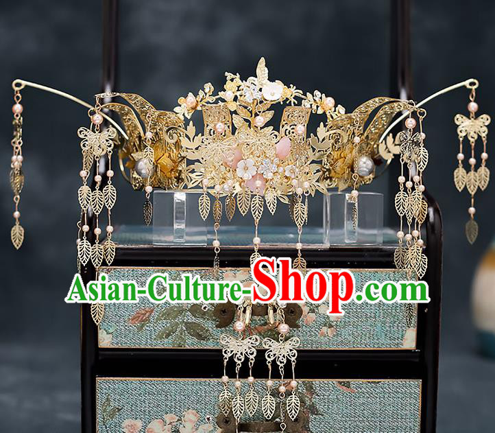 Chinese Traditional Bride Golden Tassel Phoenix Coronet Handmade Hairpins Wedding Hair Accessories Complete Set for Women