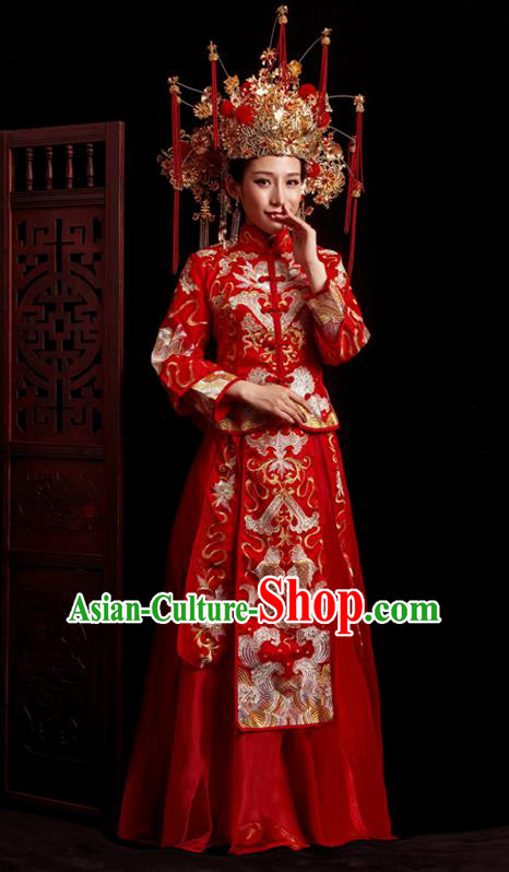 Chinese Traditional Wedding Red Costumes Embroidered Toast Xiuhe Suit Ancient Bride Full Dress for Women