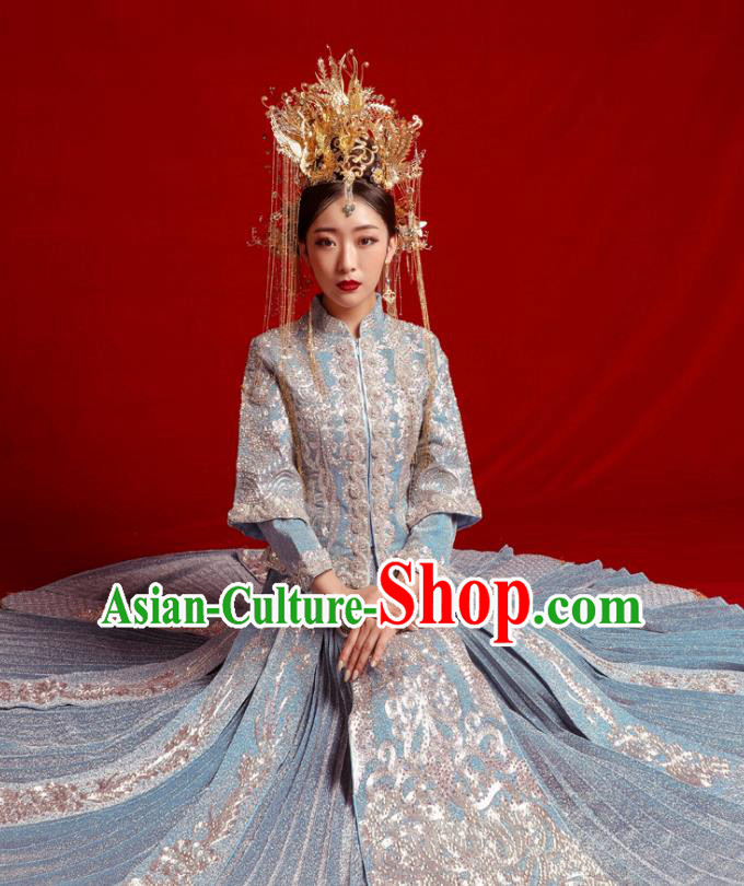 Chinese Traditional Wedding Costumes Embroidered Blue Toast Xiuhe Suit Ancient Bride Full Dress for Women