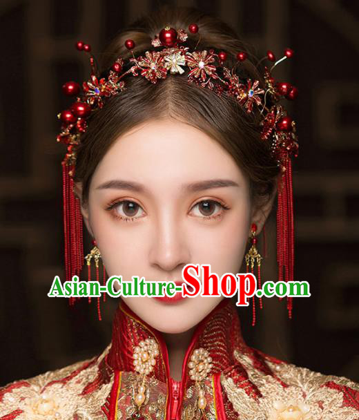 Chinese Traditional Red Flowers Tassel Hair Clasp Bride Handmade Hairpins Wedding Hair Accessories Complete Set for Women