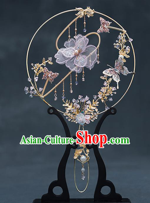 Chinese Traditional Wedding Lilac Flower Palace Fans Ancient Bride Prop Round Fan for Women