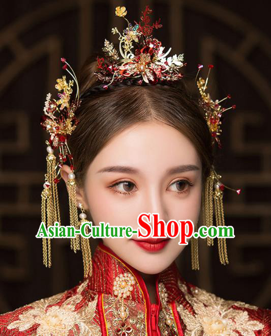 Chinese Traditional Red Flower Hair Comb Bride Handmade Hairpins Wedding Hair Accessories Complete Set for Women