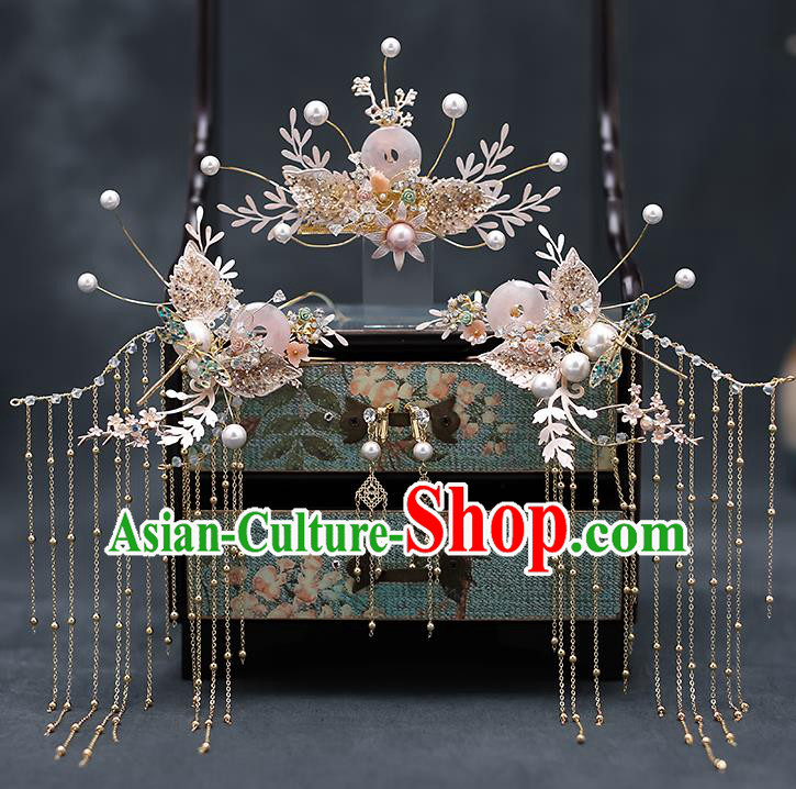 Chinese Traditional Rose Quartz Hair Comb Bride Handmade Hairpins Wedding Hair Accessories Complete Set for Women