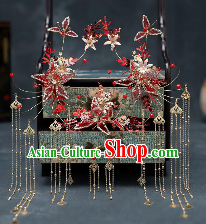 Chinese Traditional Red Veil Hair Comb Bride Handmade Hairpins Wedding Hair Accessories Complete Set for Women