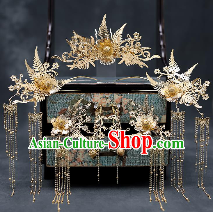 Chinese Traditional Golden Leaf Hair Comb Bride Handmade Hairpins Wedding Hair Accessories Complete Set for Women