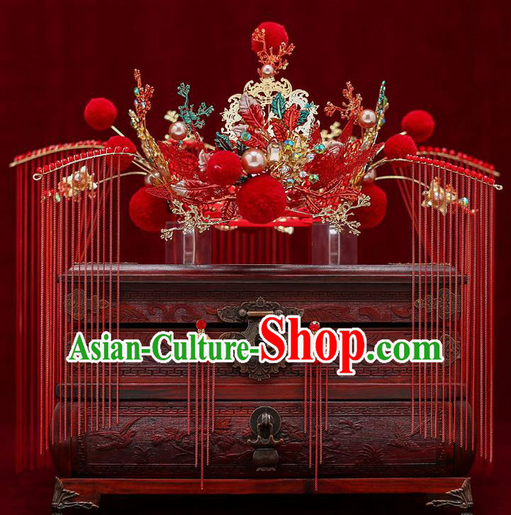 Chinese Traditional Red Phoenix Coronet Bride Handmade Tassel Hairpins Wedding Hair Accessories Complete Set for Women