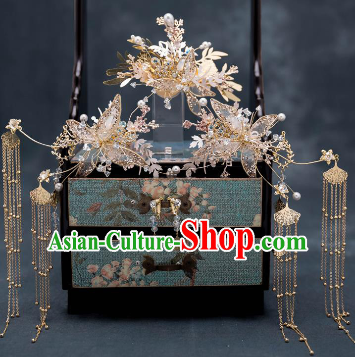 Chinese Traditional Butterfly Hair Comb Bride Handmade Tassel Hairpins Wedding Hair Accessories Complete Set for Women