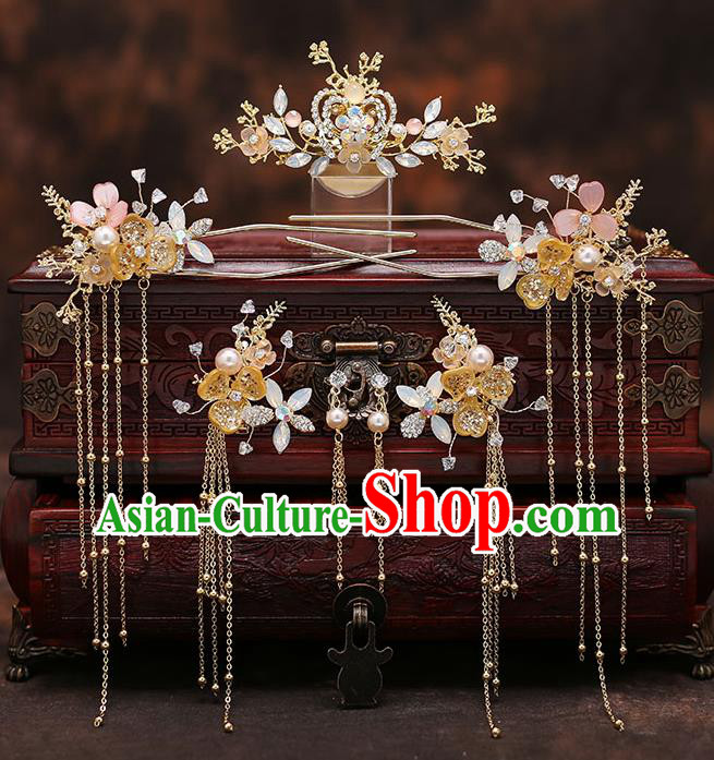 Chinese Traditional Opal Hair Comb Bride Handmade Tassel Hairpins Wedding Hair Accessories Complete Set for Women