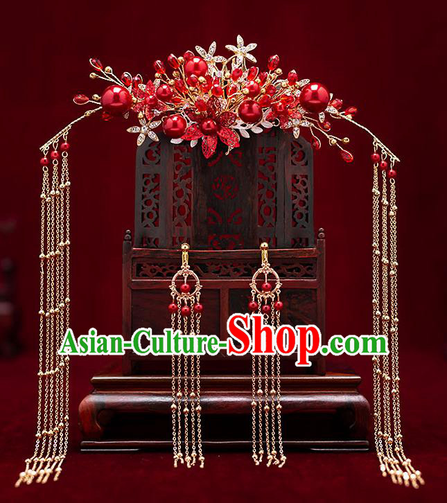 Chinese Traditional Red Beads Hair Comb Bride Handmade Tassel Hairpins Wedding Hair Accessories Complete Set for Women