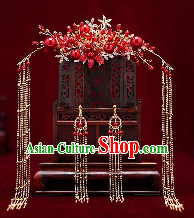 Chinese Traditional Red Beads Hair Comb Bride Handmade Tassel Hairpins Wedding Hair Accessories Complete Set for Women