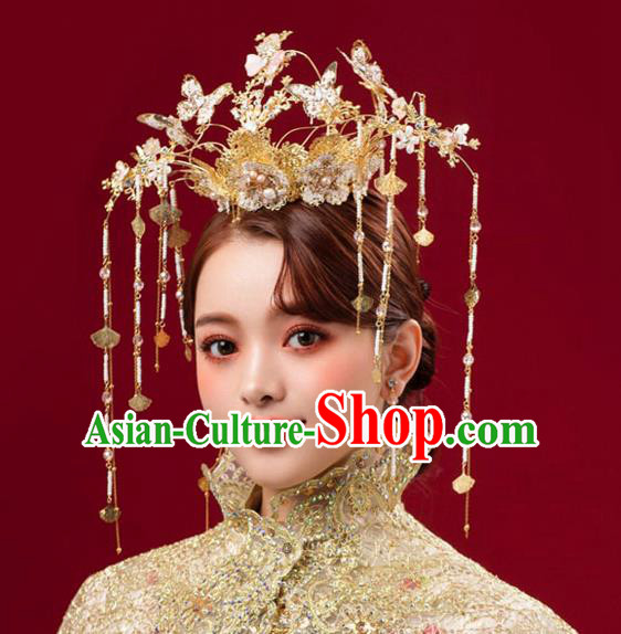 Chinese Traditional Butterfly Hair Crown Bride Handmade Tassel Hairpins Wedding Hair Accessories Complete Set for Women