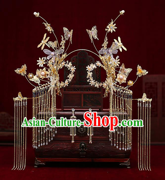 Chinese Traditional Golden Hair Clasp Bride Handmade Tassel Hairpins Wedding Hair Accessories Complete Set for Women