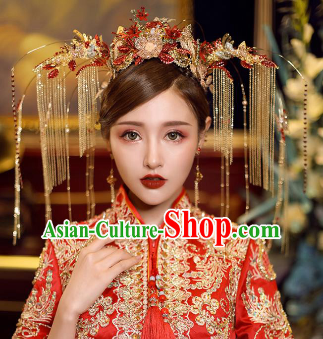 Chinese Traditional Wedding Luxury Phoenix Coronet Bride Handmade Tassel Hairpins Hair Accessories Complete Set for Women