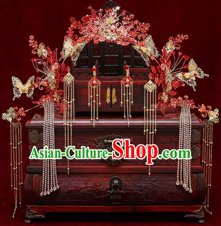 Chinese Traditional Wedding Red Leaf Hair Clasp Bride Handmade Tassel Hairpins Hair Accessories Complete Set for Women