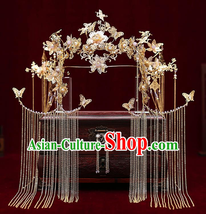 Chinese Traditional Wedding Crane Butterfly Phoenix Coronet Bride Handmade Tassel Hairpins Hair Accessories Complete Set for Women