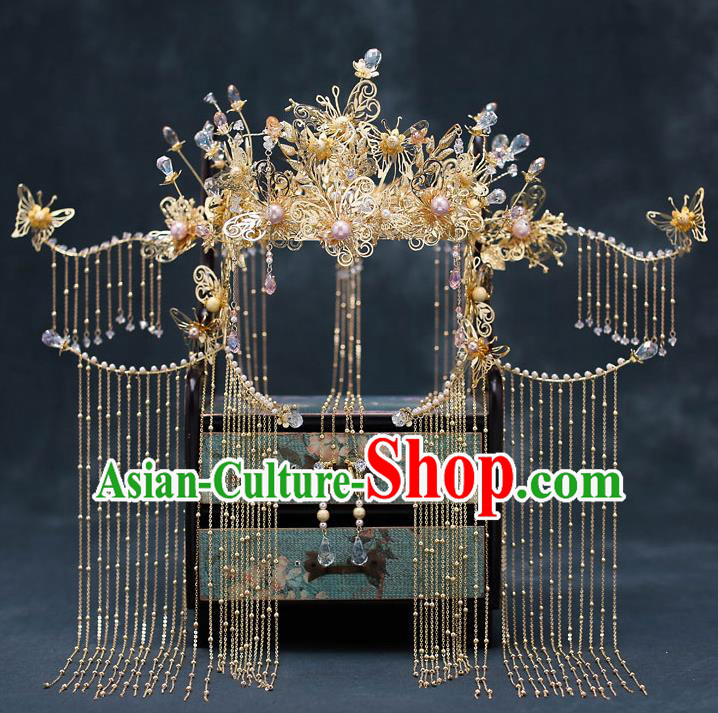 Chinese Traditional Wedding Butterfly Phoenix Coronet Bride Handmade Tassel Hairpins Hair Accessories Complete Set for Women