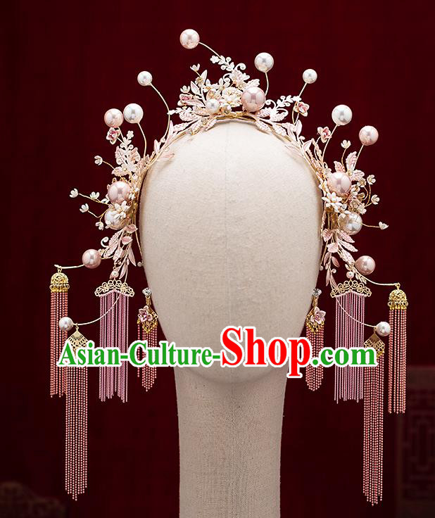 Chinese Traditional Wedding Pink Tassel Hair Clasp Bride Handmade Hairpins Hair Accessories Complete Set for Women