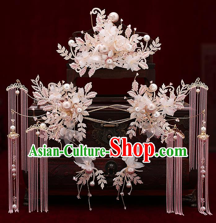 Chinese Traditional Wedding Silk Flowers Hair Comb Bride Handmade Tassel Hairpins Hair Accessories Complete Set for Women