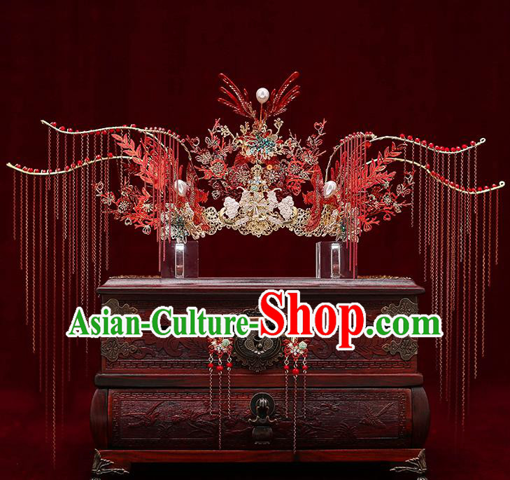 Chinese Traditional Red Tassel Phoenix Coronet Bride Handmade Hairpins Wedding Hair Accessories Complete Set for Women