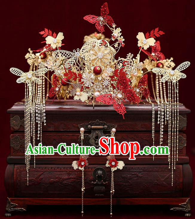 Chinese Traditional Wedding Red Butterfly Hair Crown Bride Handmade Tassel Hairpins Hair Accessories Complete Set for Women