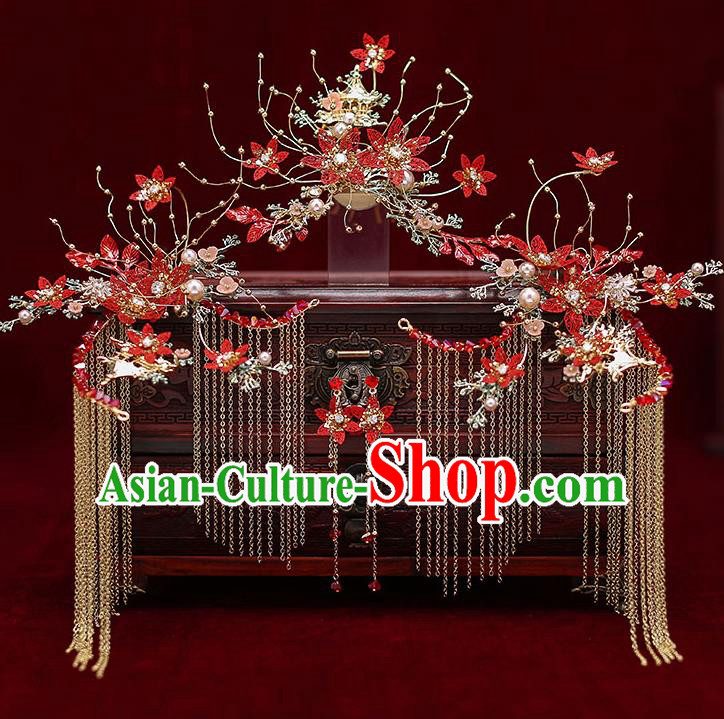 Chinese Traditional Wedding Red Flowers Hair Comb Bride Handmade Tassel Hairpins Hair Accessories Complete Set for Women