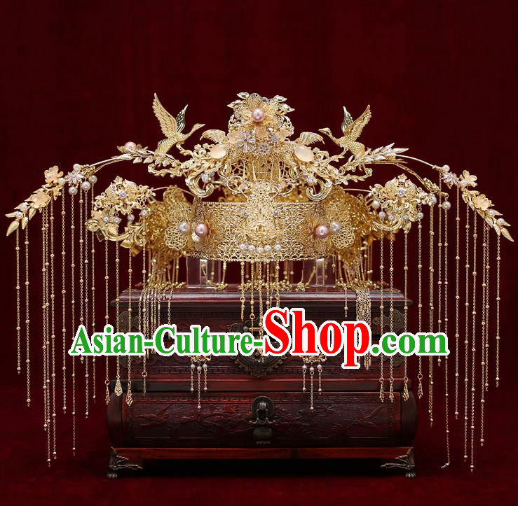 Chinese Traditional Wedding Golden Cranes Phoenix Coronet Bride Handmade Tassel Hairpins Hair Accessories Complete Set for Women