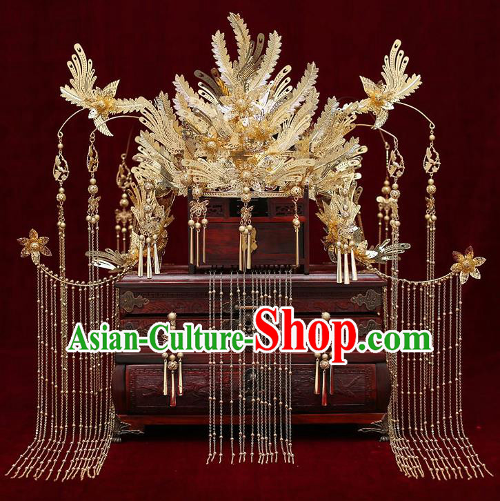 Chinese Traditional Wedding Golden Phoenix Coronet Bride Handmade Tassel Hairpins Hair Accessories Complete Set for Women