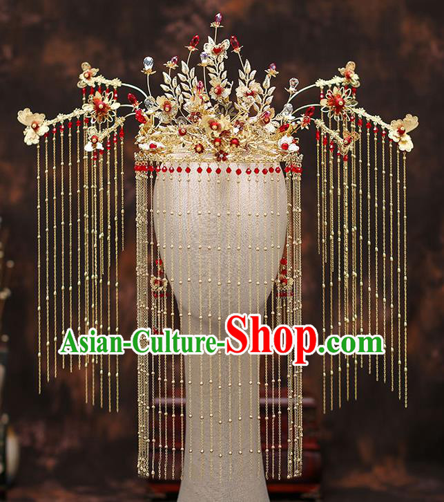 Chinese Traditional Golden Tassel Phoenix Coronet Bride Handmade Hairpins Wedding Hair Accessories Complete Set for Women