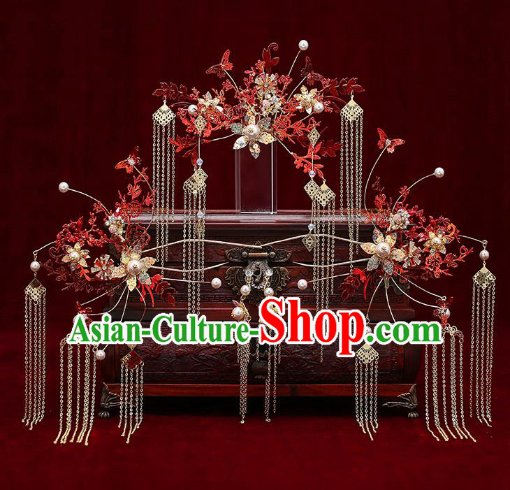 Chinese Traditional Red Leaf Phoenix Coronet Bride Handmade Hairpins Wedding Hair Accessories Complete Set for Women