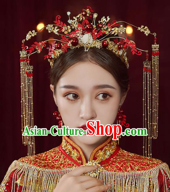 Chinese Traditional Wedding Red Phoenix Coronet Bride Handmade Tassel Hairpins Hair Accessories Complete Set for Women