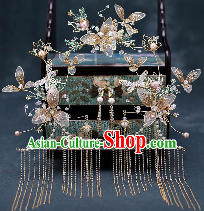 Chinese Traditional Wedding Hair Comb Bride Handmade Tassel Hairpins Hair Accessories Complete Set for Women