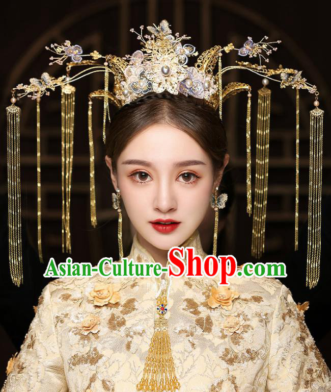 Chinese Traditional Bride Blue Butterfly Phoenix Coronet Handmade Hairpins Wedding Hair Accessories Complete Set for Women