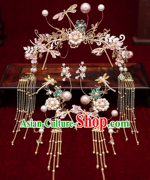 Chinese Traditional Bride Tassel Dragonfly Hair Clasp Handmade Hairpins Wedding Hair Accessories Complete Set for Women