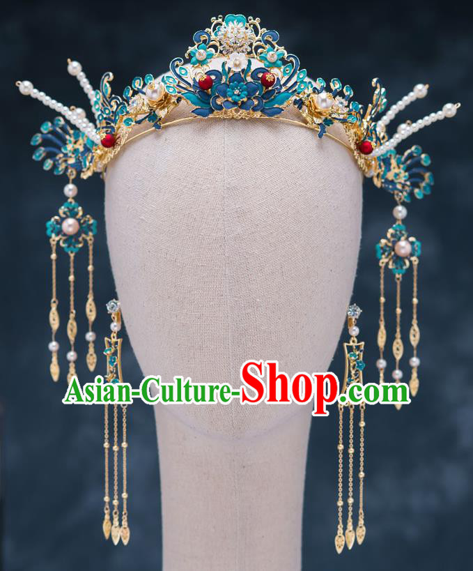 Chinese Traditional Bride Cloisonn Hair Crown Handmade Hairpins Wedding Hair Accessories Complete Set for Women