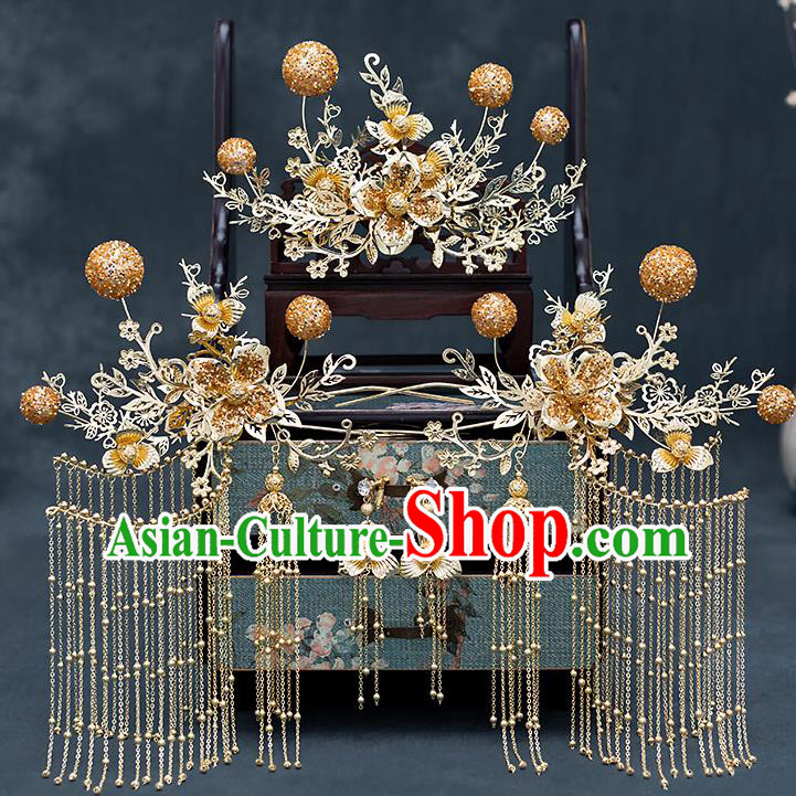 Chinese Traditional Bride Golden Tassel Hair Comb Handmade Hairpins Wedding Hair Accessories Complete Set for Women