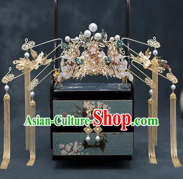 Chinese Traditional Bride Phoenix Coronet Handmade Hairpins Wedding Hair Accessories Complete Set for Women